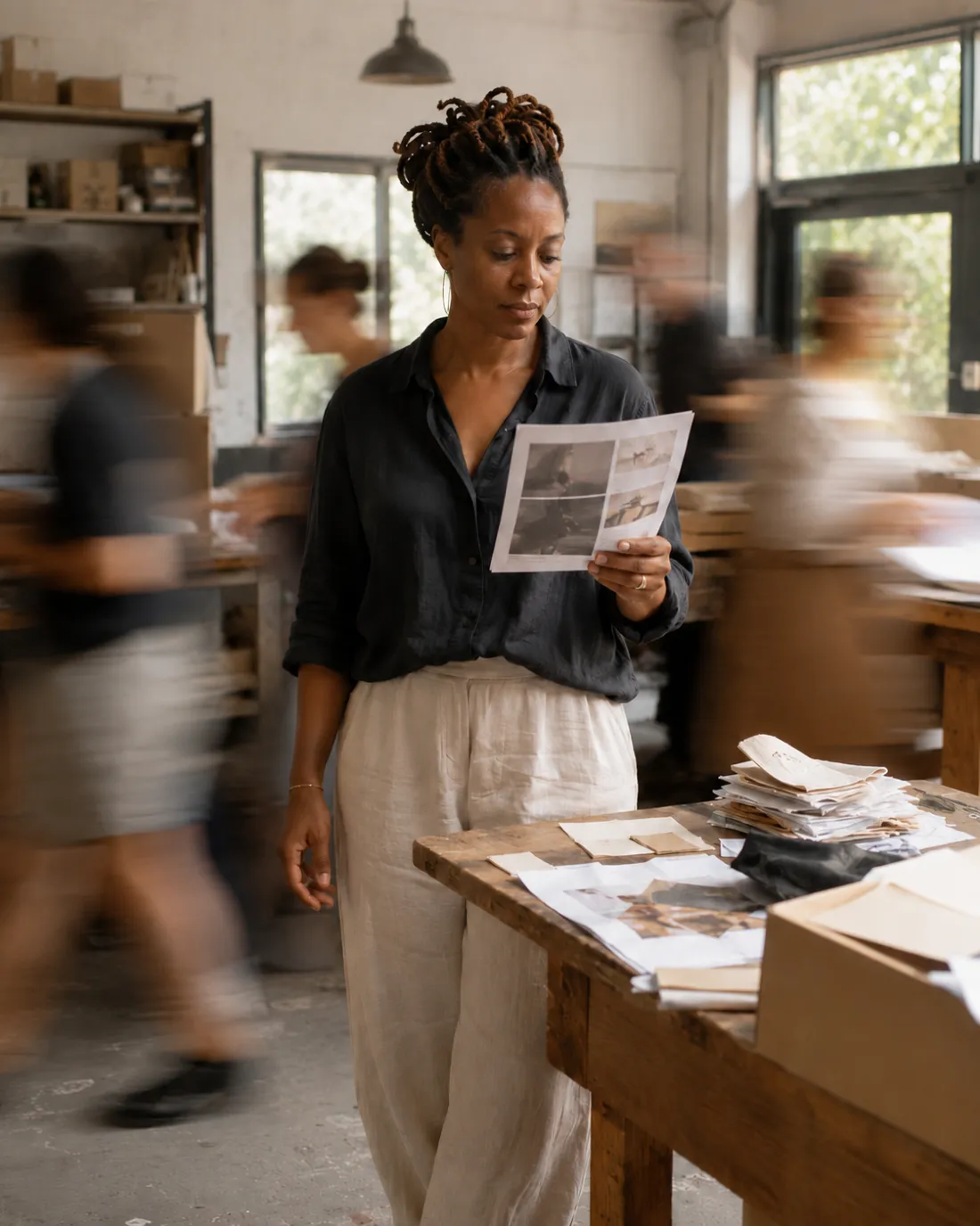 A small-business owner reads a result in hand, calm and in focus while the busy world blurs around her
