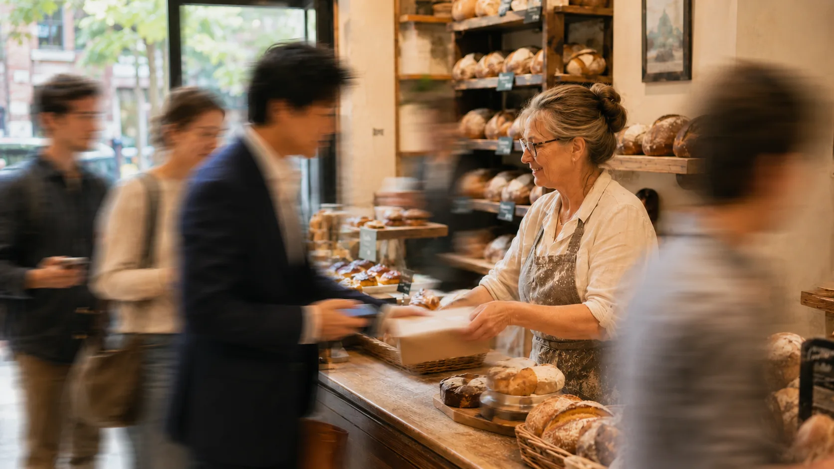 A bakery owner, calm and smiling, hands a fresh loaf across the counter to a customer while more customers stream in behind him, the shop busy around her