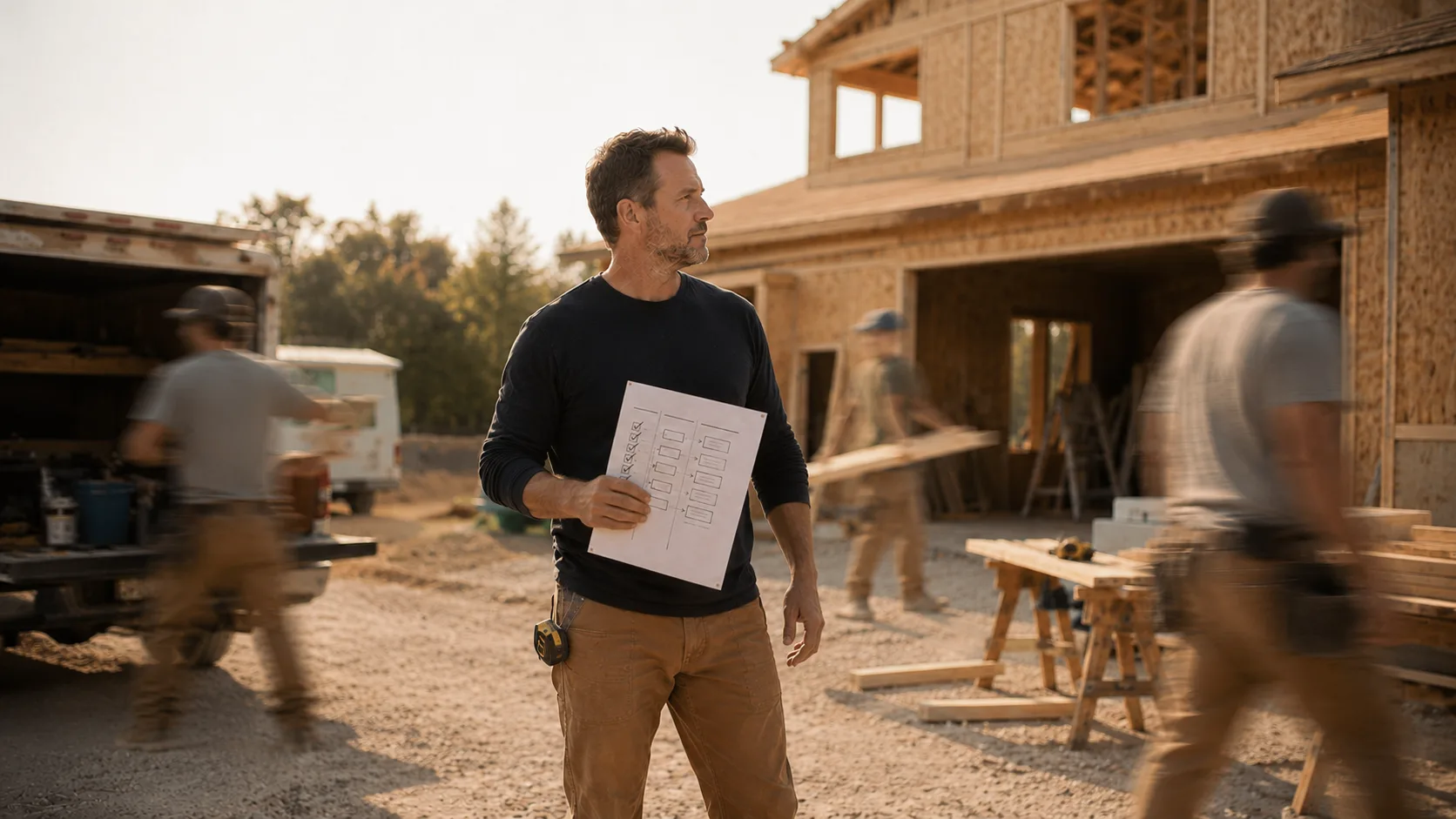 A builder stands calm and in sharp focus at the center of an active job site, holding a printed one-page plan, while his crew moves around him in a blur