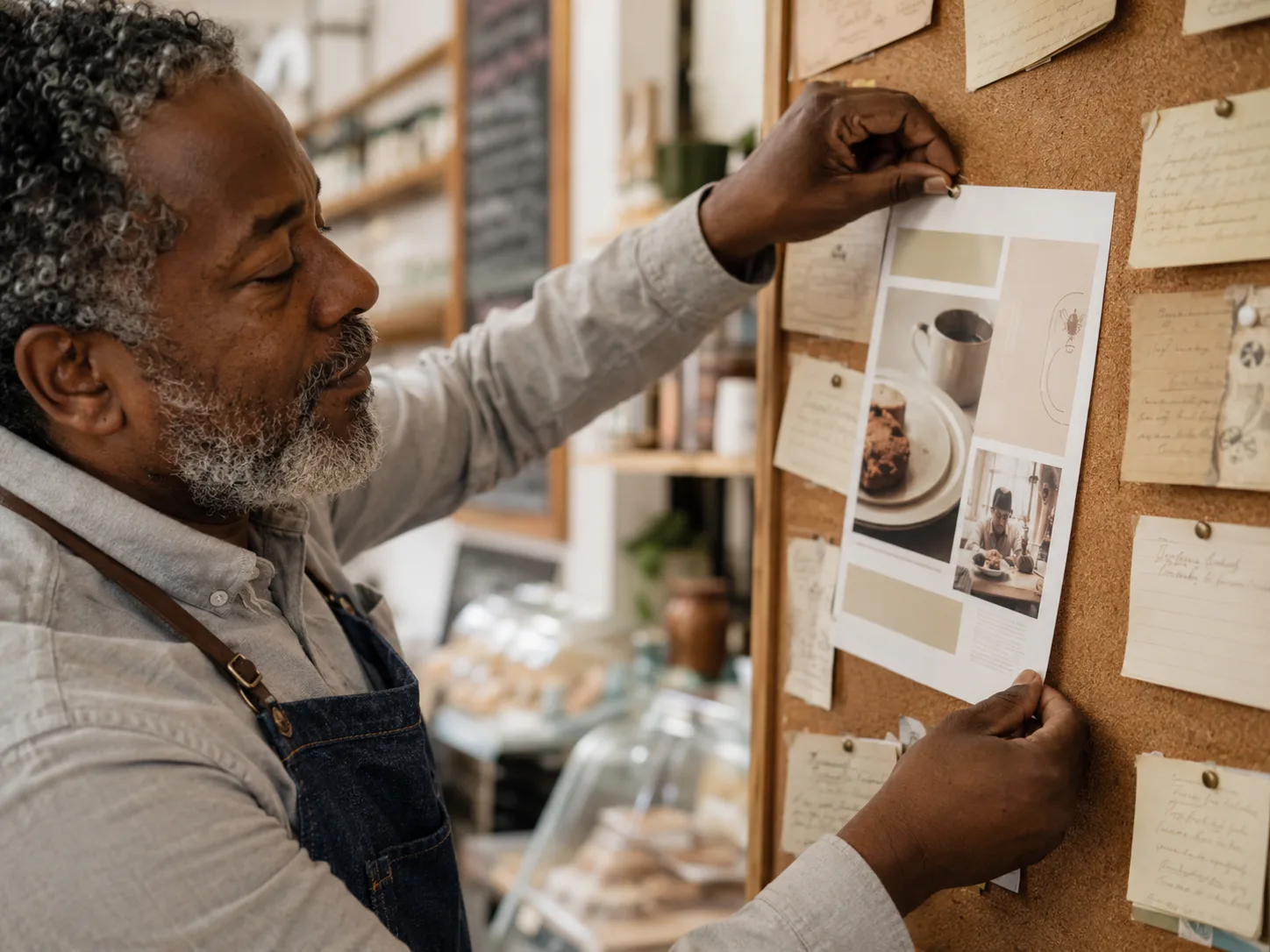 A Black café owner in a denim apron pinning up a hand-written sign, his own voice captured, in a warm sunlit café