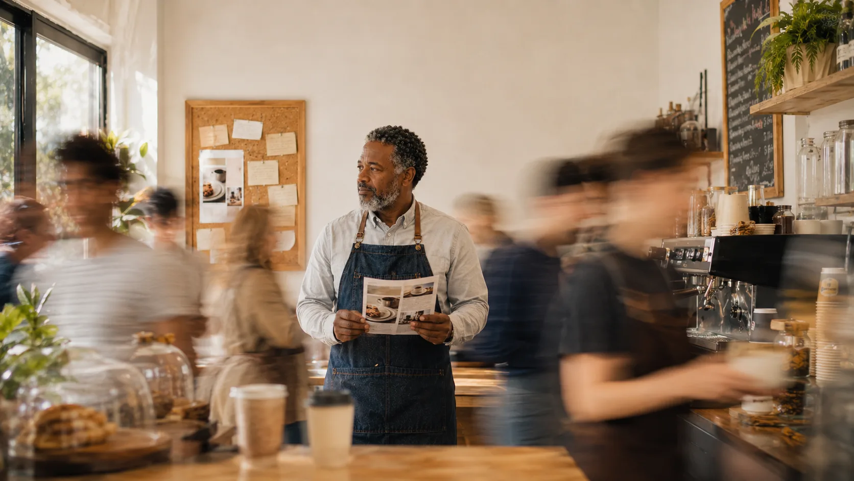 A cafe owner standing calm and in sharp focus behind his counter, reading back a printed piece of his own writing while the rush of the day blurs into motion around him