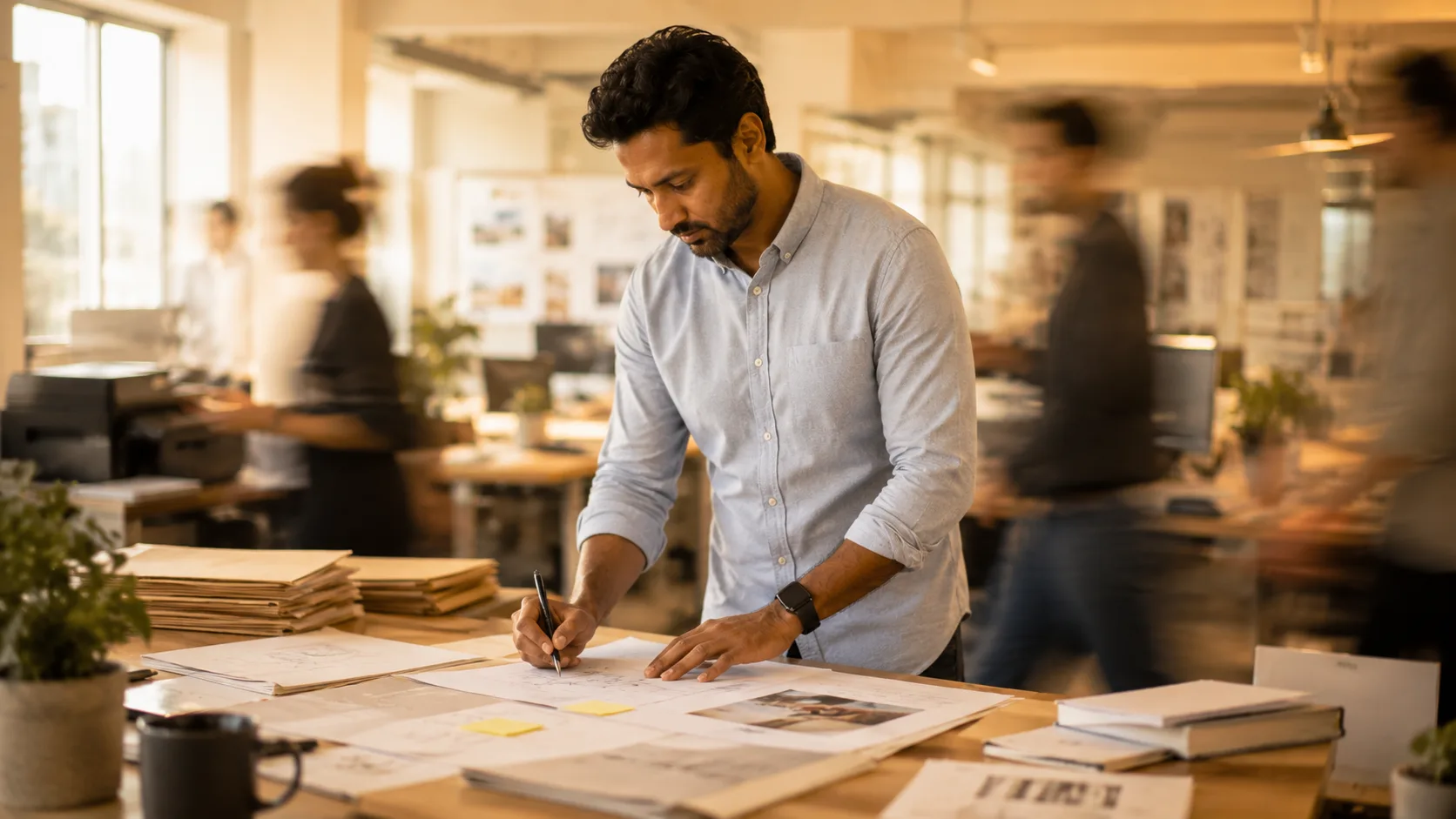 A business owner standing over a desk covered in proposals and documents, pen in hand, calm and in sharp focus and clearly on top of the paperwork while the office blurs into motion around him